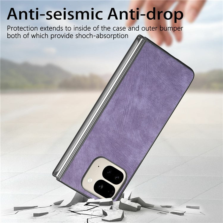 For Google Pixel 9 Pro Fold 5G Case Retro PU Leather Coated PC Folding Phone Cover - Purple