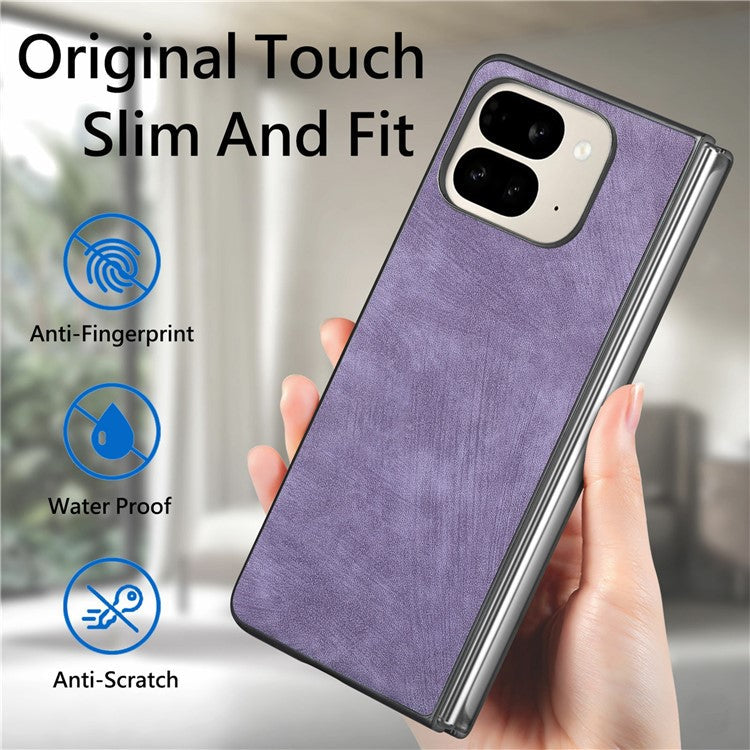 For Google Pixel 9 Pro Fold 5G Case Retro PU Leather Coated PC Folding Phone Cover - Purple