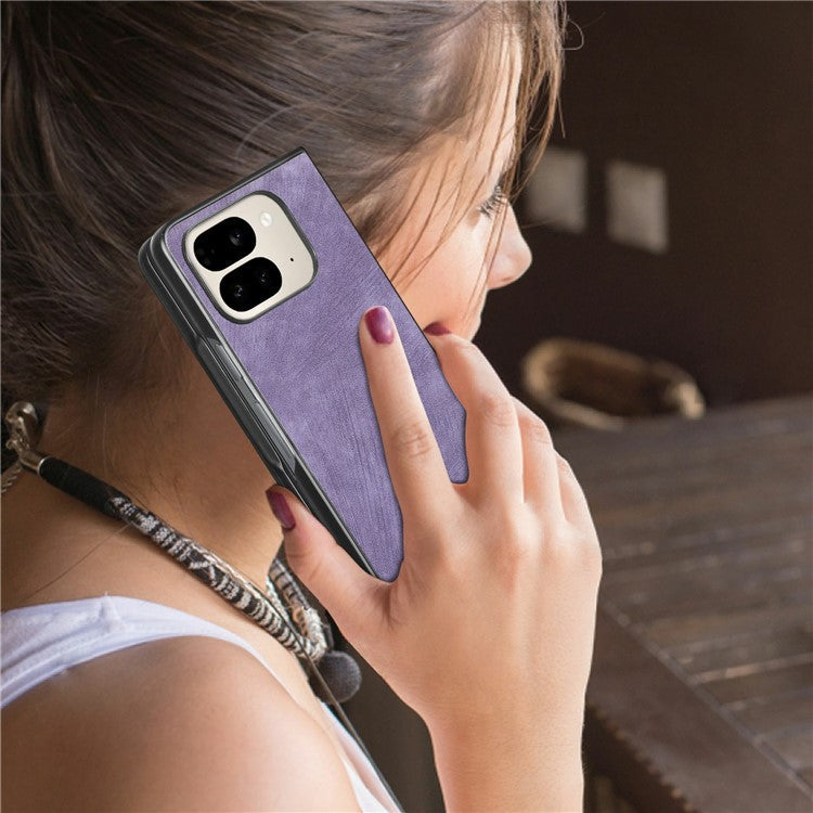 For Google Pixel 9 Pro Fold 5G Case Retro PU Leather Coated PC Folding Phone Cover - Purple