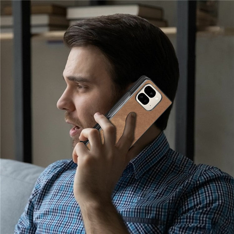 For Google Pixel 9 Pro Fold 5G Case Retro PU Leather Coated PC Folding Phone Cover - Brown