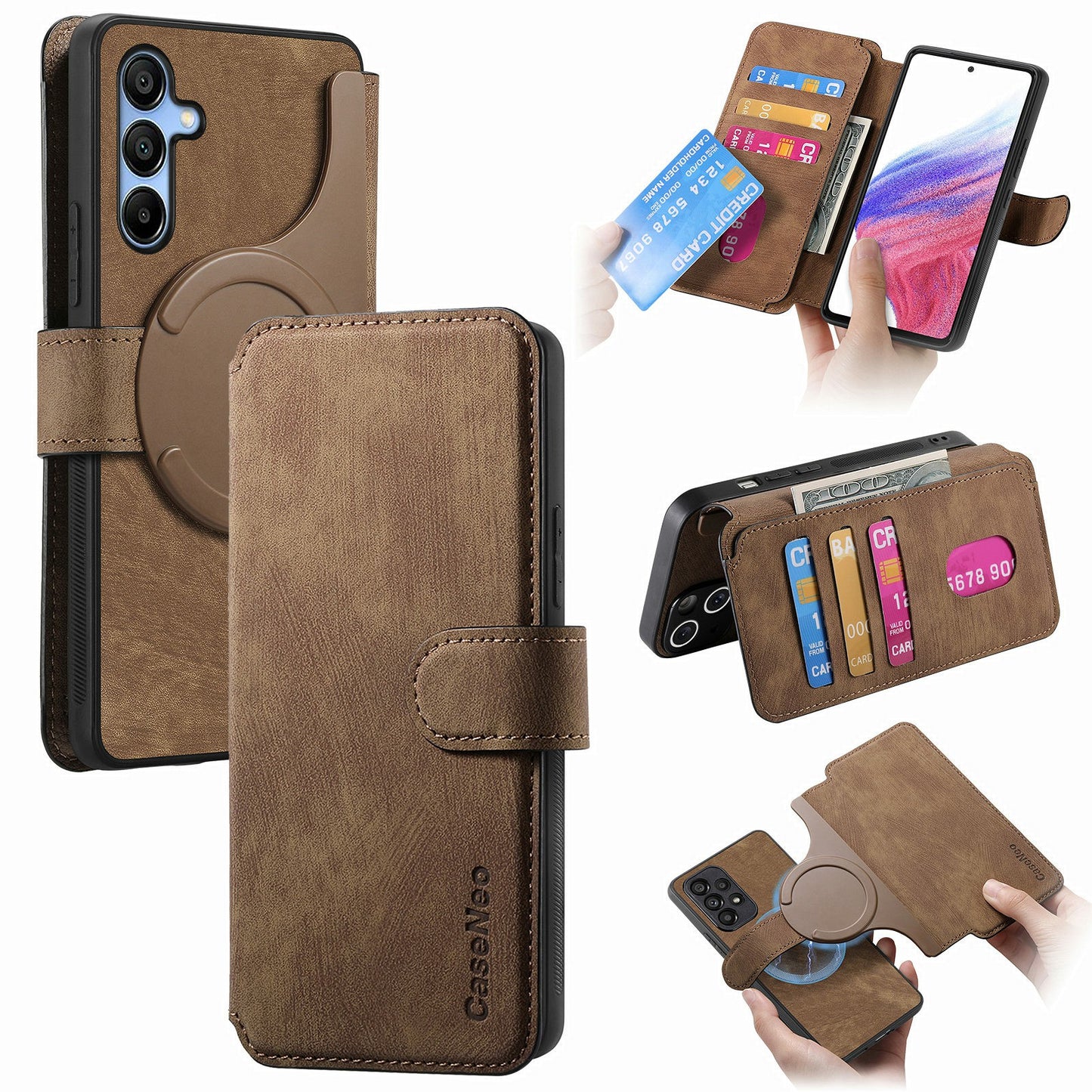 CASENEO MW-03 For Samsung Galaxy A16 4G / 5G Case Detachable Wallet Leather+TPU Phone Cover - Brown
