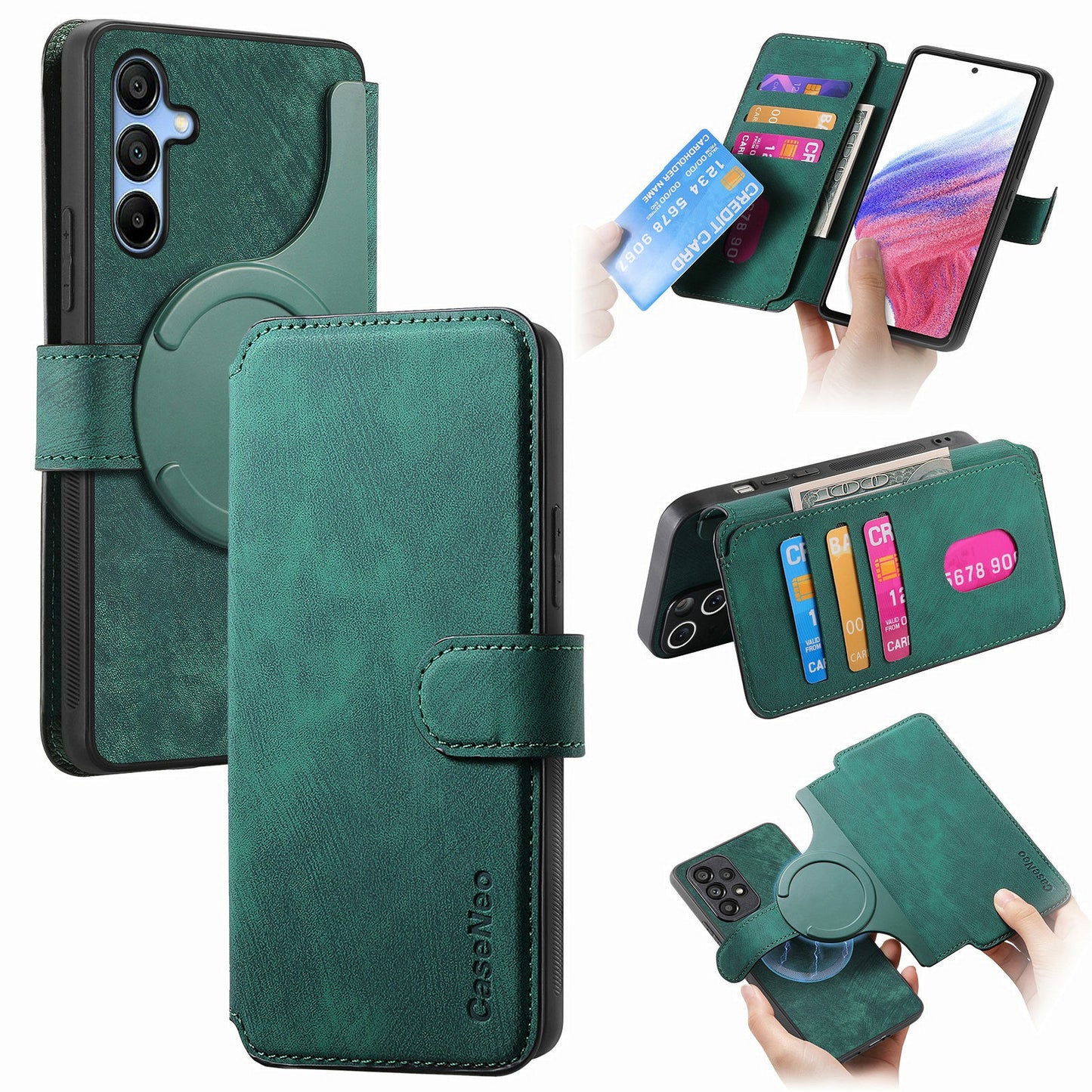 CASENEO MW-03 For Samsung Galaxy A16 4G / 5G Case Detachable Wallet Leather+TPU Phone Cover - Green
