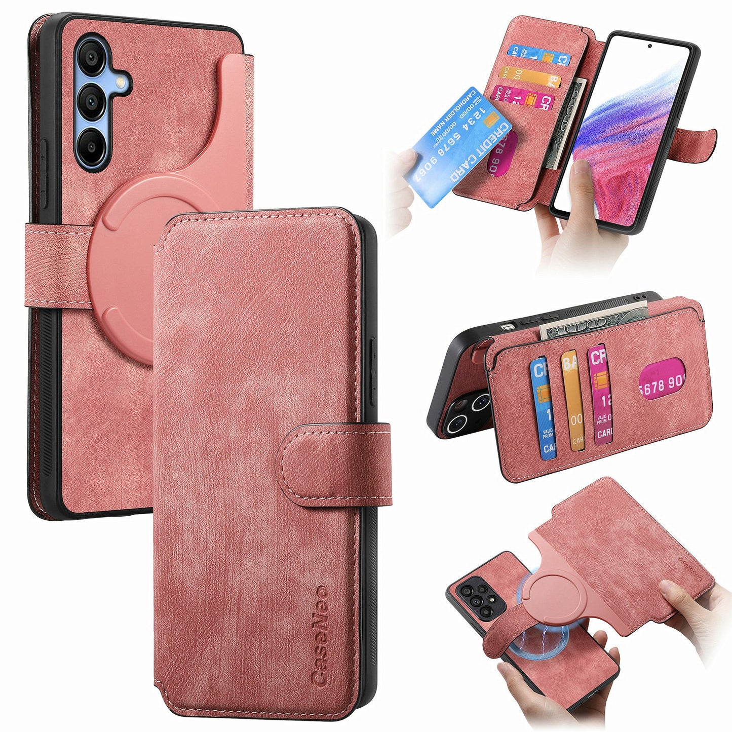 CASENEO MW-03 For Samsung Galaxy A16 4G / 5G Case Detachable Wallet Leather+TPU Phone Cover - Pink