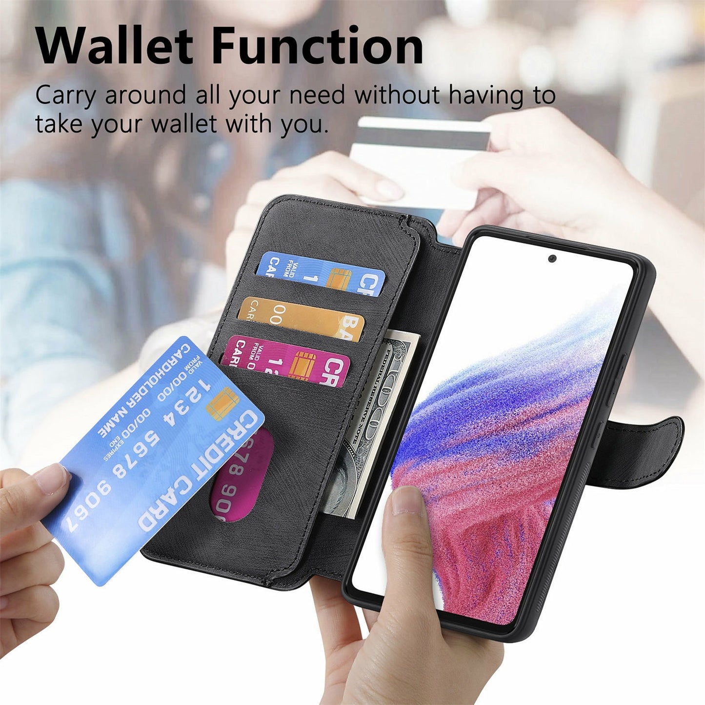 CASENEO MW-03 For Samsung Galaxy A06 Case Detachable Wallet Leather+TPU Phone Cover - Black