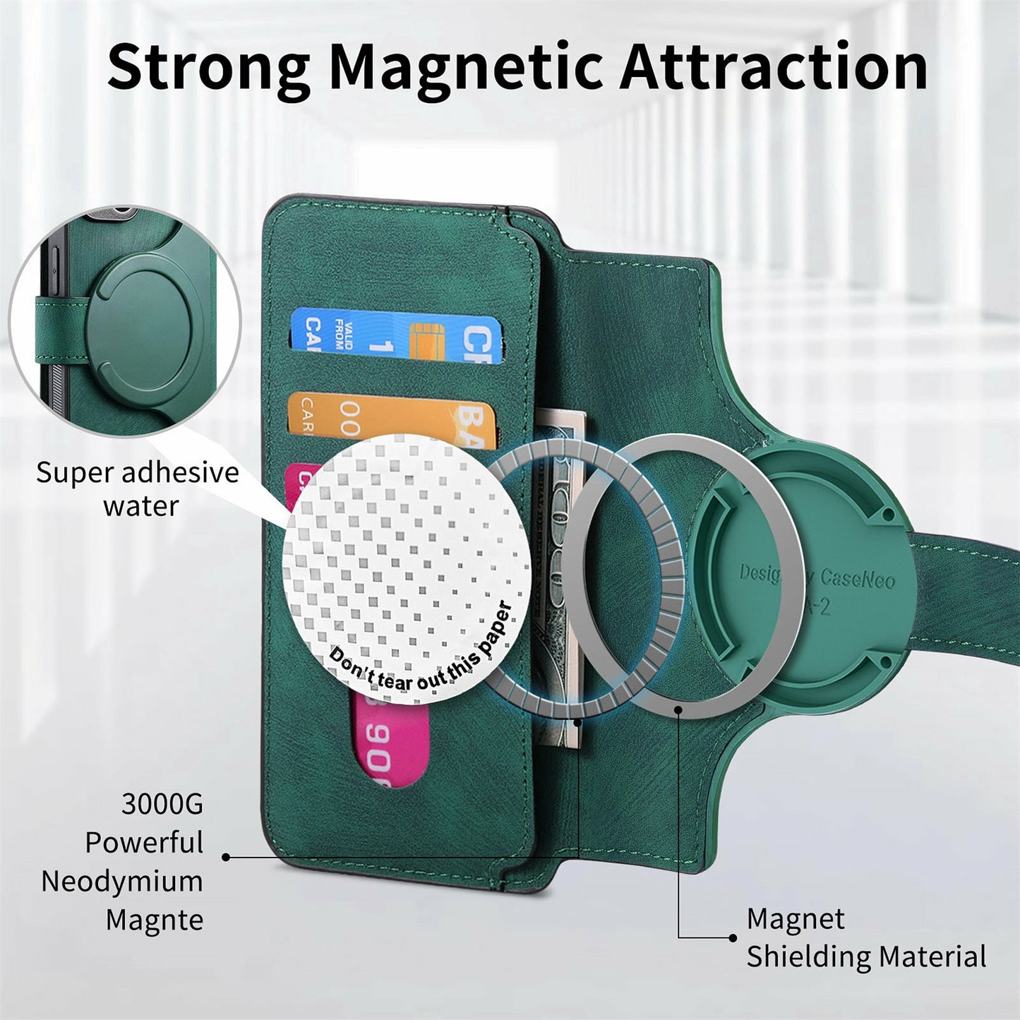 CASENEO MW-03 For Samsung Galaxy A06 Case Detachable Wallet Leather+TPU Phone Cover - Green