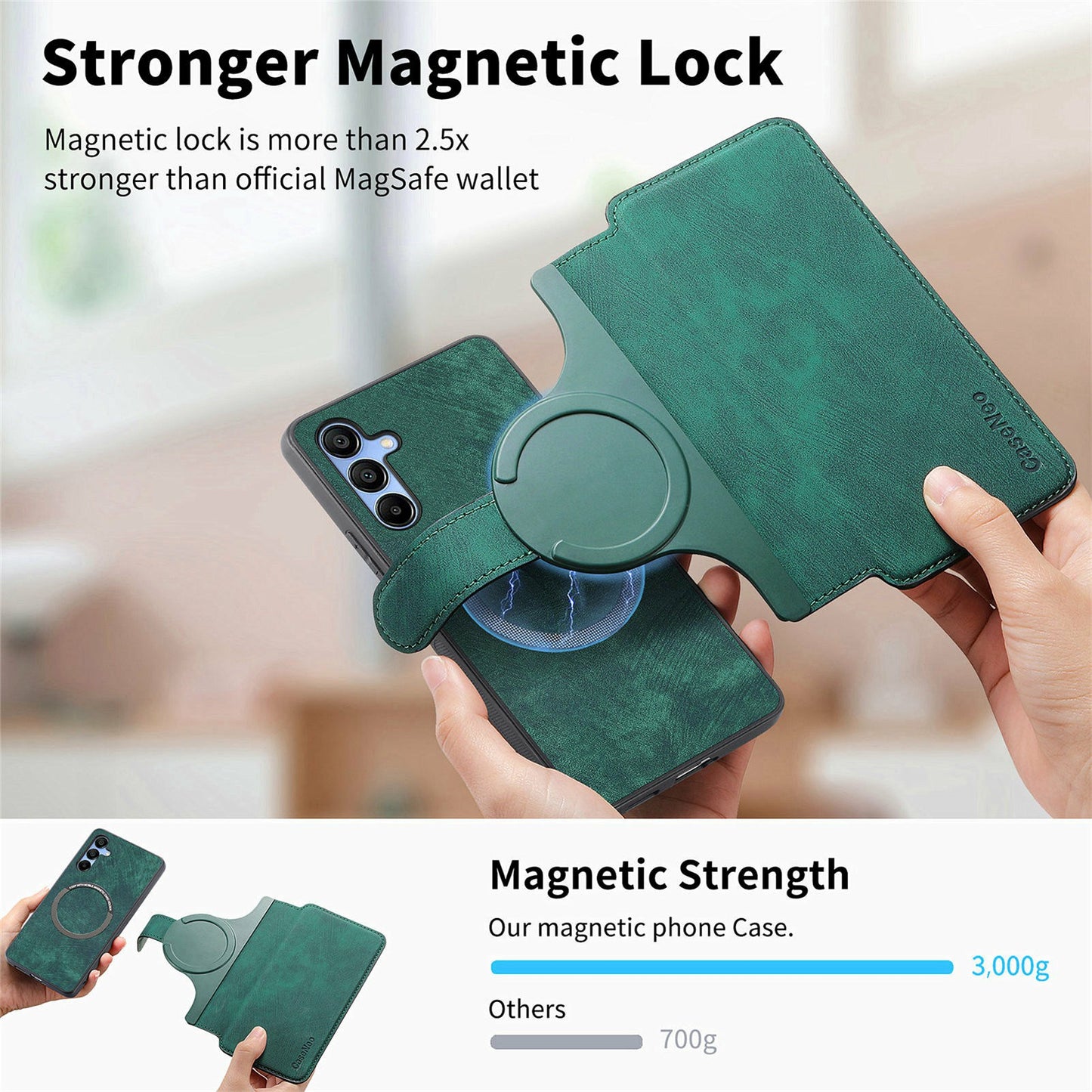 CASENEO MW-03 For Samsung Galaxy A06 Case Detachable Wallet Leather+TPU Phone Cover - Green