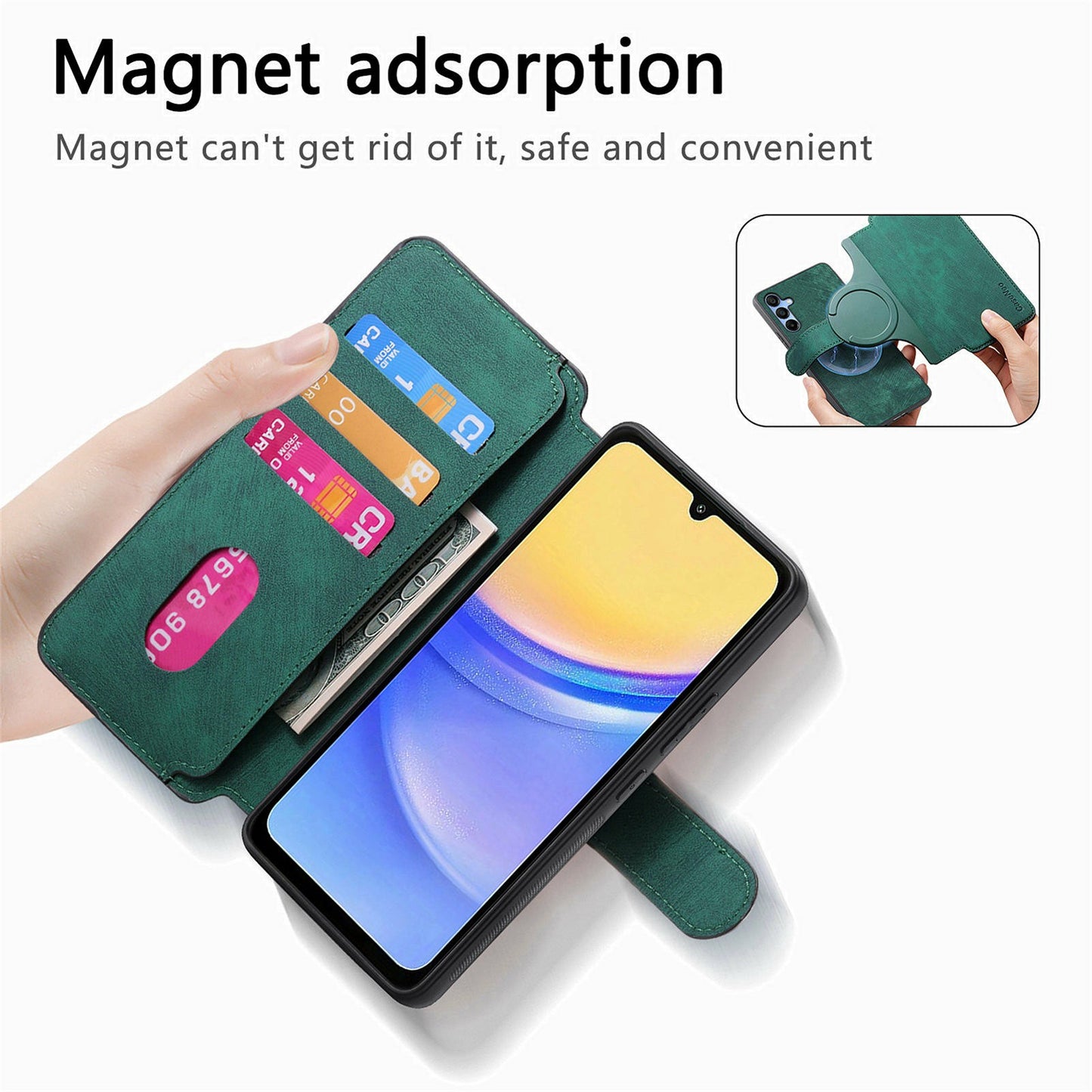 CASENEO MW-03 For Samsung Galaxy A06 Case Detachable Wallet Leather+TPU Phone Cover - Green