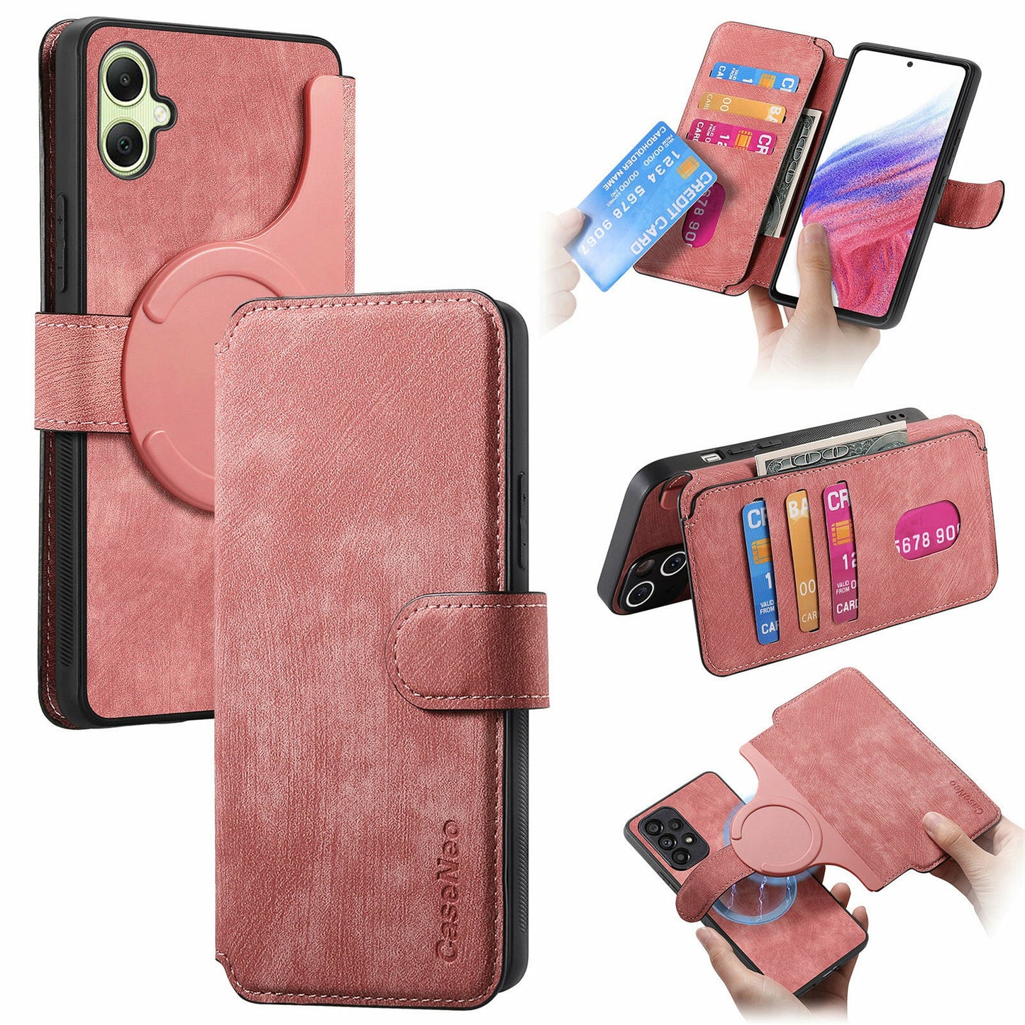 CASENEO MW-03 For Samsung Galaxy A06 Case Detachable Wallet Leather+TPU Phone Cover - Pink