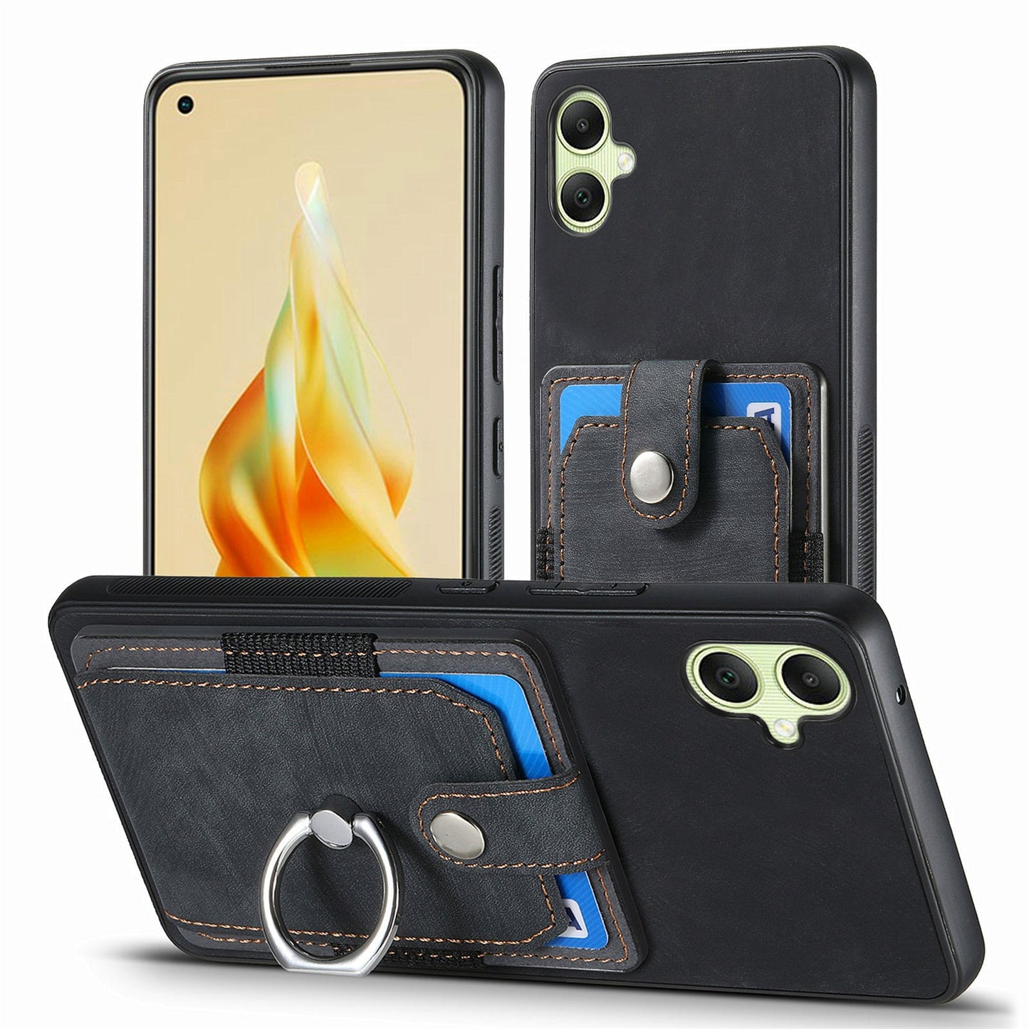 For Samsung Galaxy A06 Case Kickstand Leather+TPU Non-Slip Protective Cover Card Slots - Black