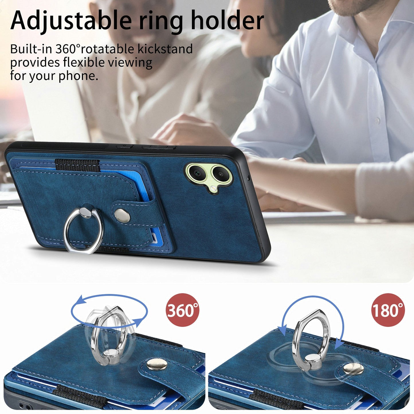 For Samsung Galaxy A06 Case Kickstand Leather+TPU Non-Slip Protective Cover Card Slots - Blue
