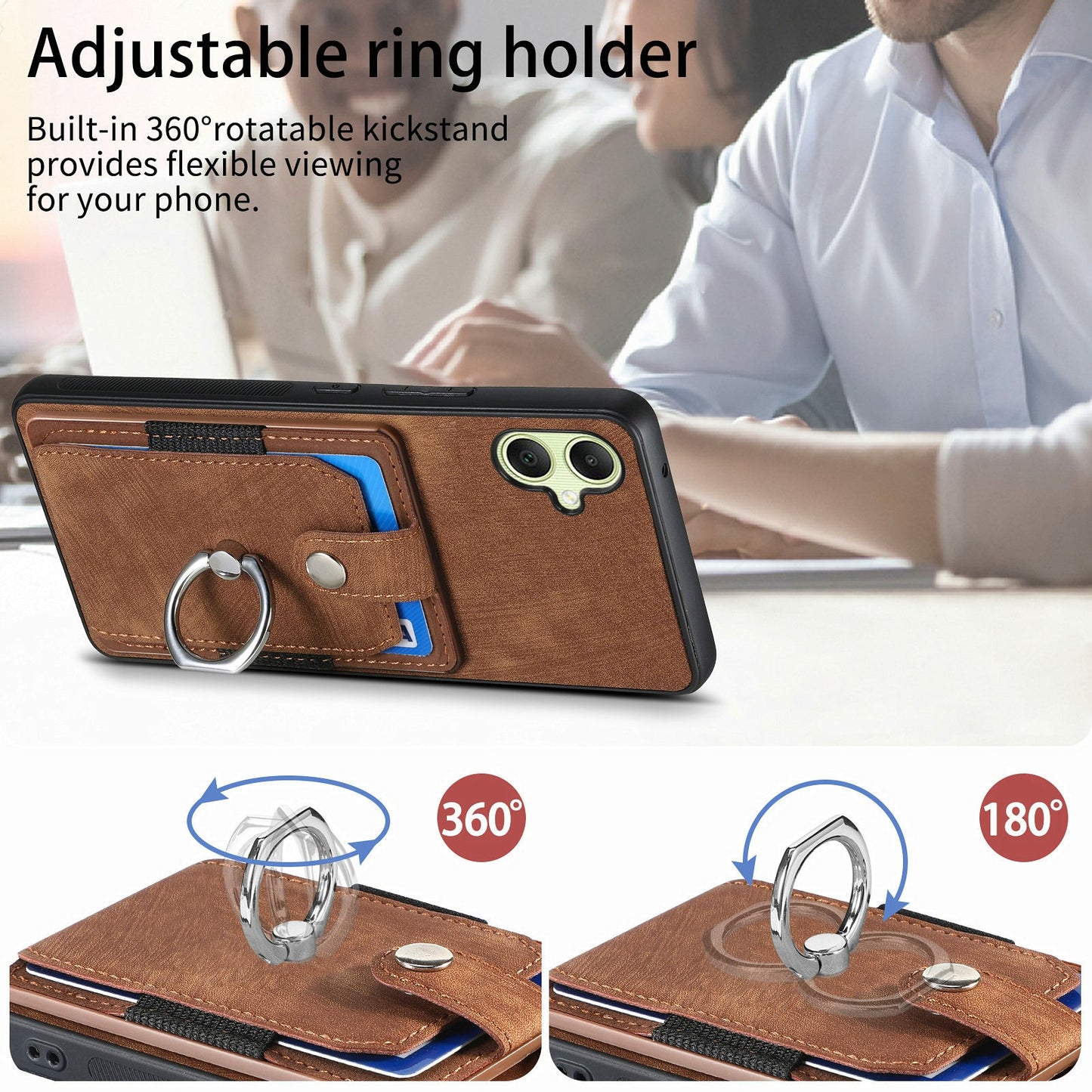 For Samsung Galaxy A06 Case Kickstand Leather+TPU Non-Slip Protective Cover Card Slots - Brown