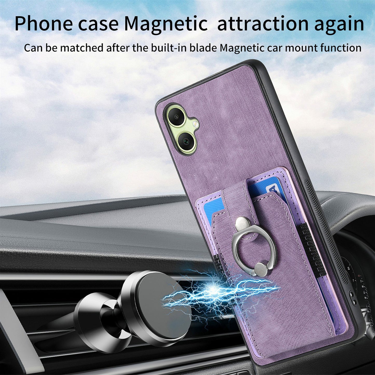 For Samsung Galaxy A06 Case Kickstand Leather+TPU Non-Slip Protective Cover Card Slots - Purple