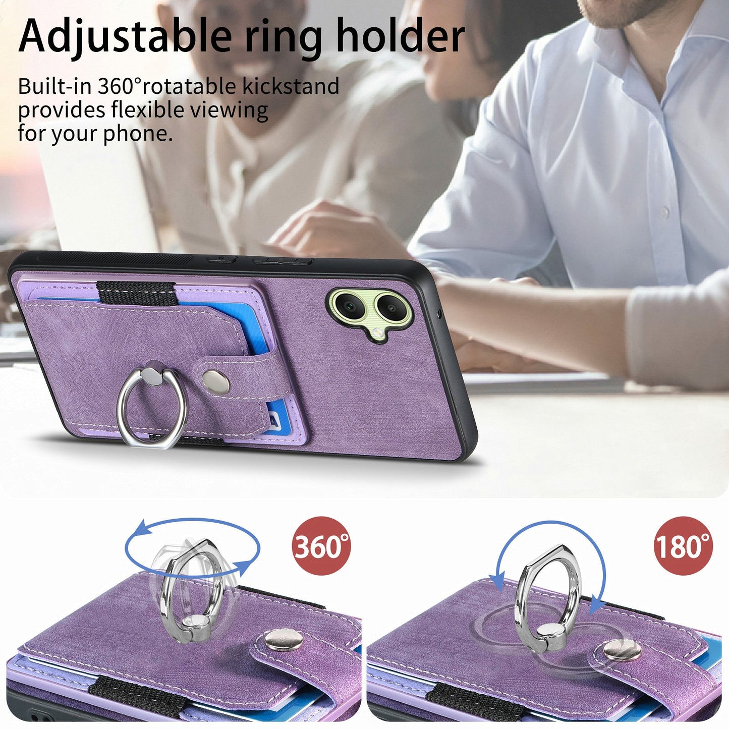 For Samsung Galaxy A06 Case Kickstand Leather+TPU Non-Slip Protective Cover Card Slots - Purple