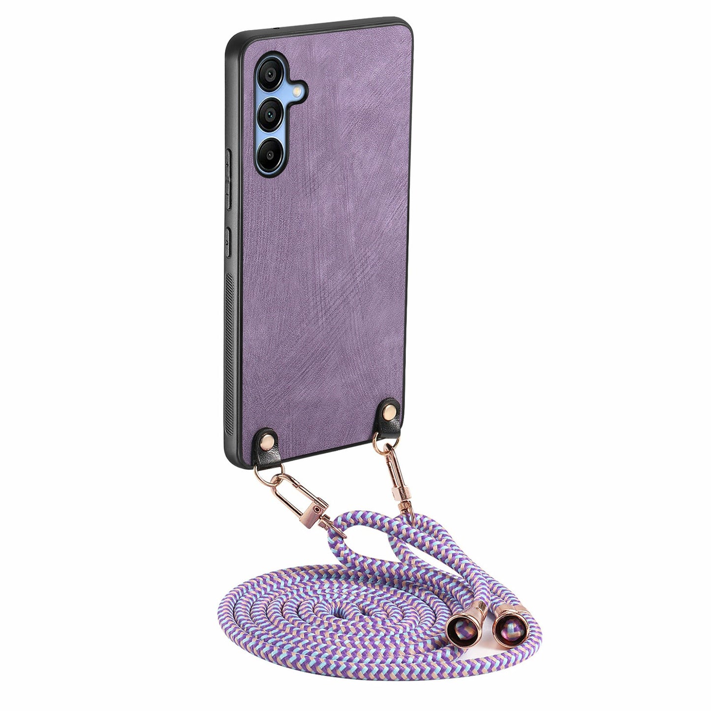 For Samsung Galaxy A16 5G  /  A16 4G Case Retro Texture Leather Coated PC+TPU Phone Cover with Hanging Rope - Purple