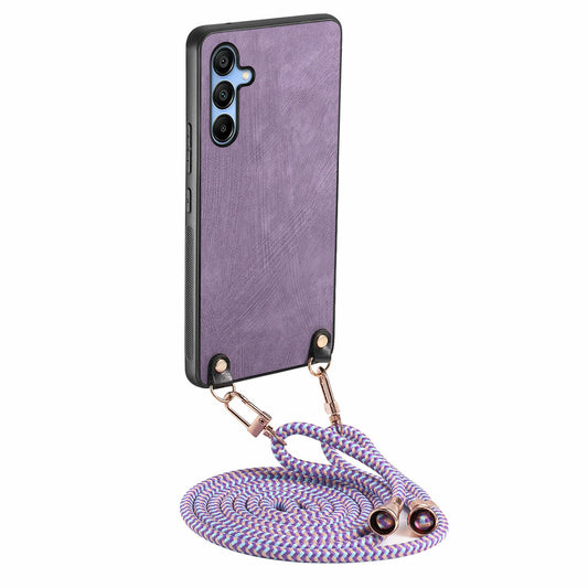 For Samsung Galaxy A16 5G  /  A16 4G Case Retro Texture Leather Coated PC+TPU Phone Cover with Hanging Rope - Purple