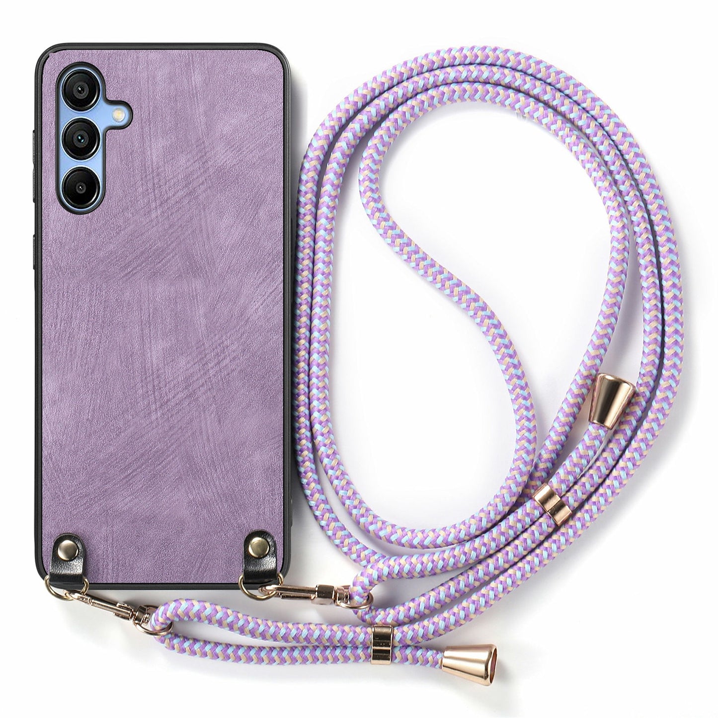 For Samsung Galaxy A16 5G  /  A16 4G Case Retro Texture Leather Coated PC+TPU Phone Cover with Hanging Rope - Purple