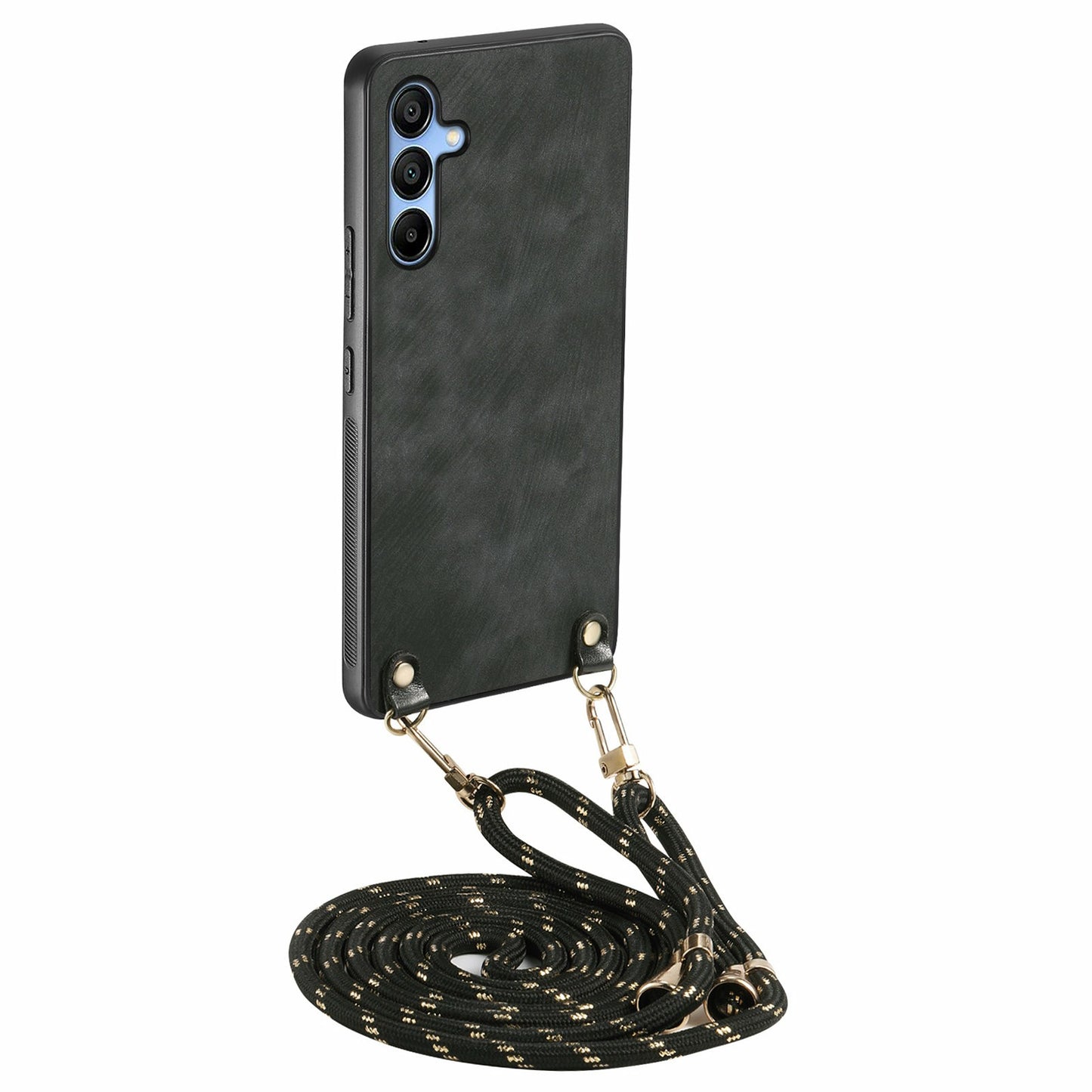 For Samsung Galaxy A16 5G  /  A16 4G Case Retro Texture Leather Coated PC+TPU Phone Cover with Hanging Rope - Black