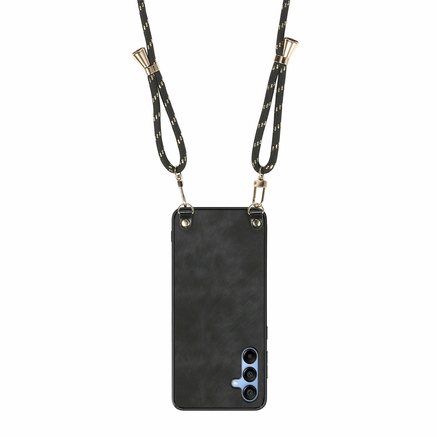 For Samsung Galaxy A16 5G  /  A16 4G Case Retro Texture Leather Coated PC+TPU Phone Cover with Hanging Rope - Black