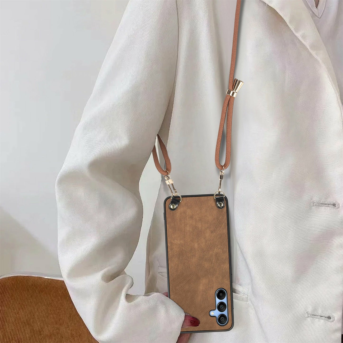 For Samsung Galaxy A16 5G  /  A16 4G Case Retro Texture Leather Coated PC+TPU Phone Cover with Hanging Rope - Brown