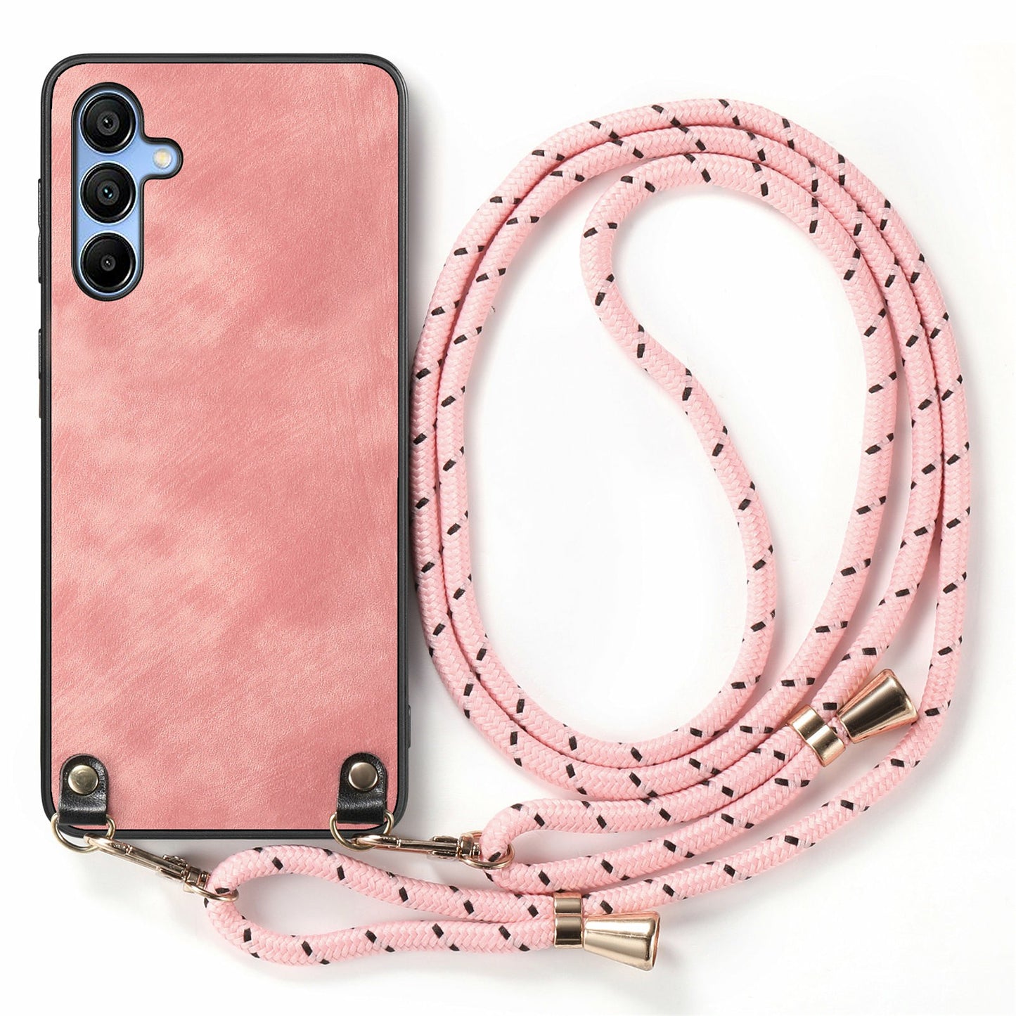 For Samsung Galaxy A16 5G  /  A16 4G Case Retro Texture Leather Coated PC+TPU Phone Cover with Hanging Rope - Pink