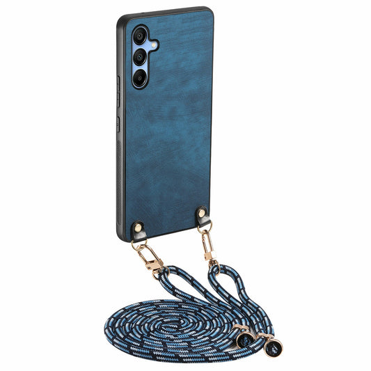 For Samsung Galaxy A16 5G  /  A16 4G Case Retro Texture Leather Coated PC+TPU Phone Cover with Hanging Rope - Blue