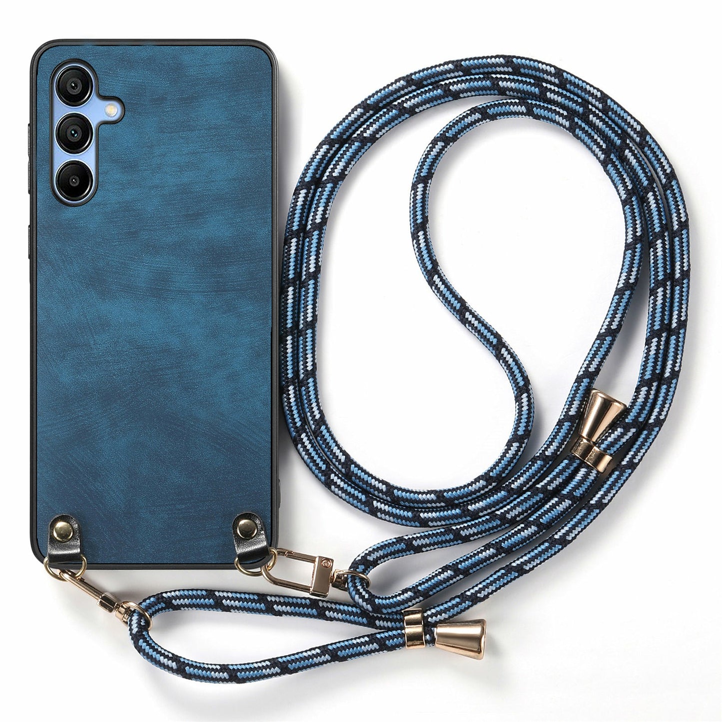For Samsung Galaxy A16 5G  /  A16 4G Case Retro Texture Leather Coated PC+TPU Phone Cover with Hanging Rope - Blue