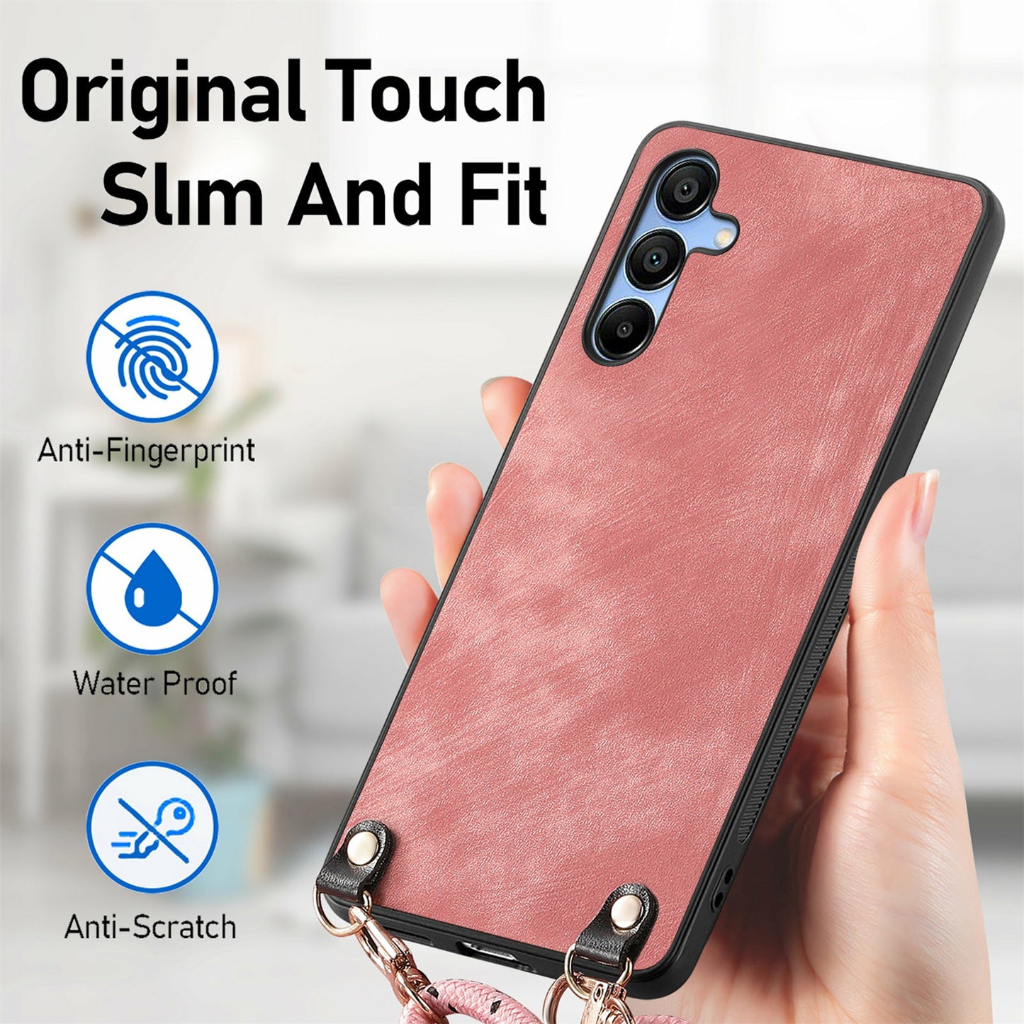 For Samsung Galaxy A16 5G  /  A16 4G Case Retro Texture Leather Coated PC+TPU Phone Cover with Hanging Rope - Blue