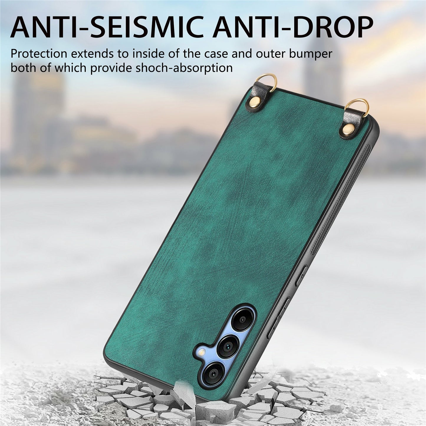 For Samsung Galaxy A16 5G  /  A16 4G Case Retro Texture Leather Coated PC+TPU Phone Cover with Hanging Rope - Blue