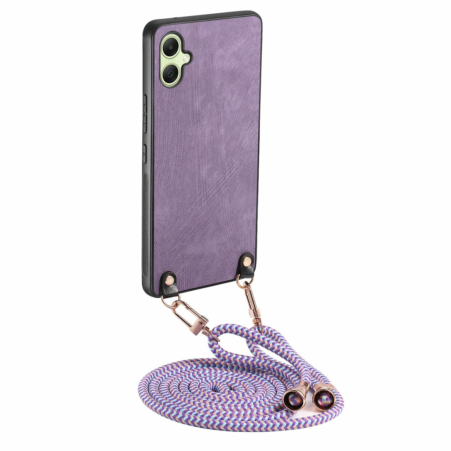 For Samsung Galaxy A06 Case Retro Texture Leather Coated PC+TPU Phone Cover with Hanging Rope - Purple