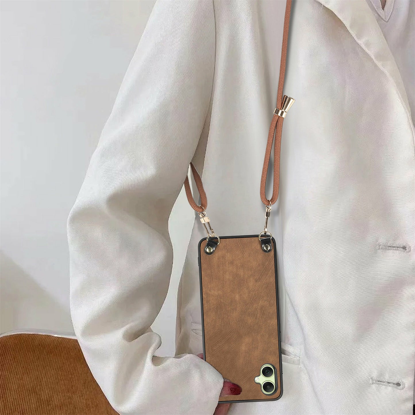 For Samsung Galaxy A06 Case Retro Texture Leather Coated PC+TPU Phone Cover with Hanging Rope - Purple