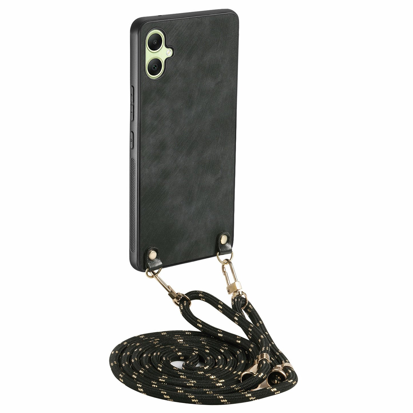For Samsung Galaxy A06 Case Retro Texture Leather Coated PC+TPU Phone Cover with Hanging Rope - Black