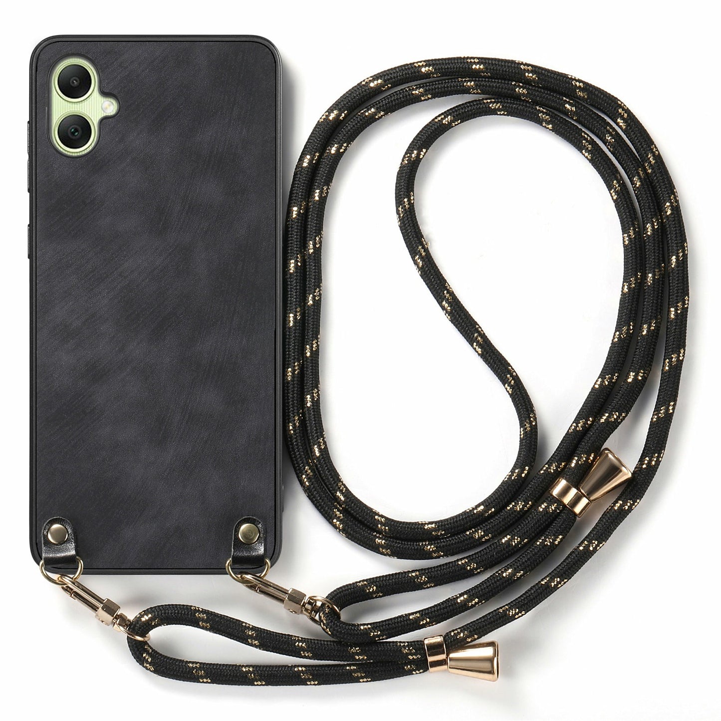 For Samsung Galaxy A06 Case Retro Texture Leather Coated PC+TPU Phone Cover with Hanging Rope - Black