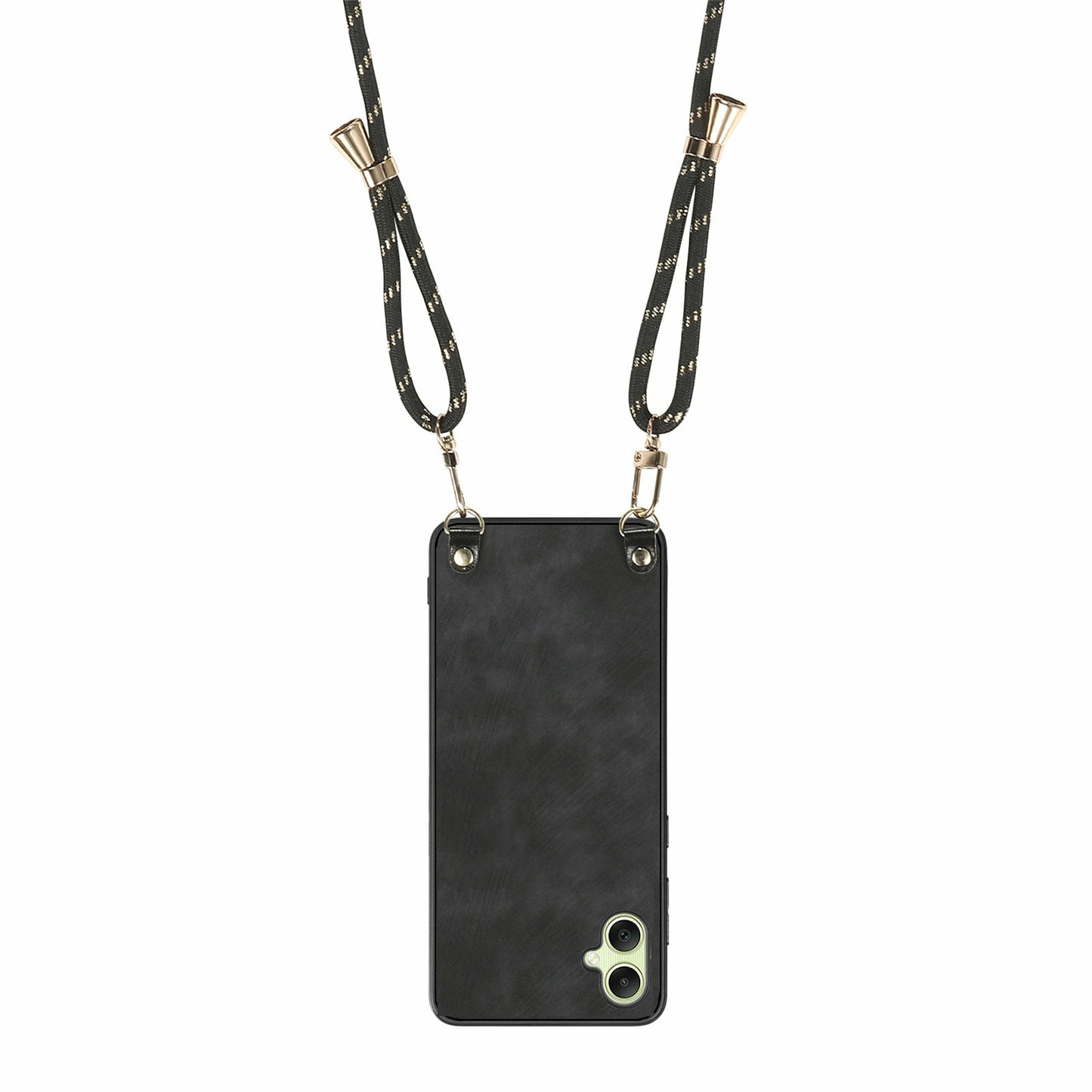 For Samsung Galaxy A06 Case Retro Texture Leather Coated PC+TPU Phone Cover with Hanging Rope - Black