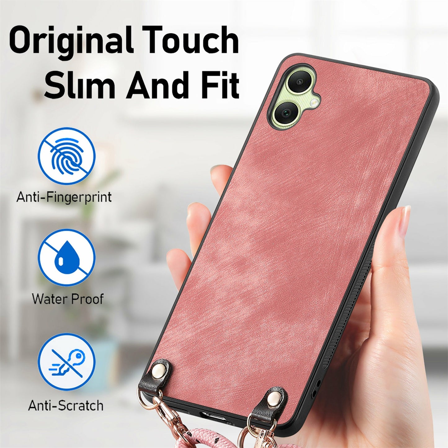 For Samsung Galaxy A06 Case Retro Texture Leather Coated PC+TPU Phone Cover with Hanging Rope - Black