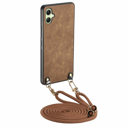 For Samsung Galaxy A06 Case Retro Texture Leather Coated PC+TPU Phone Cover with Hanging Rope - Brown