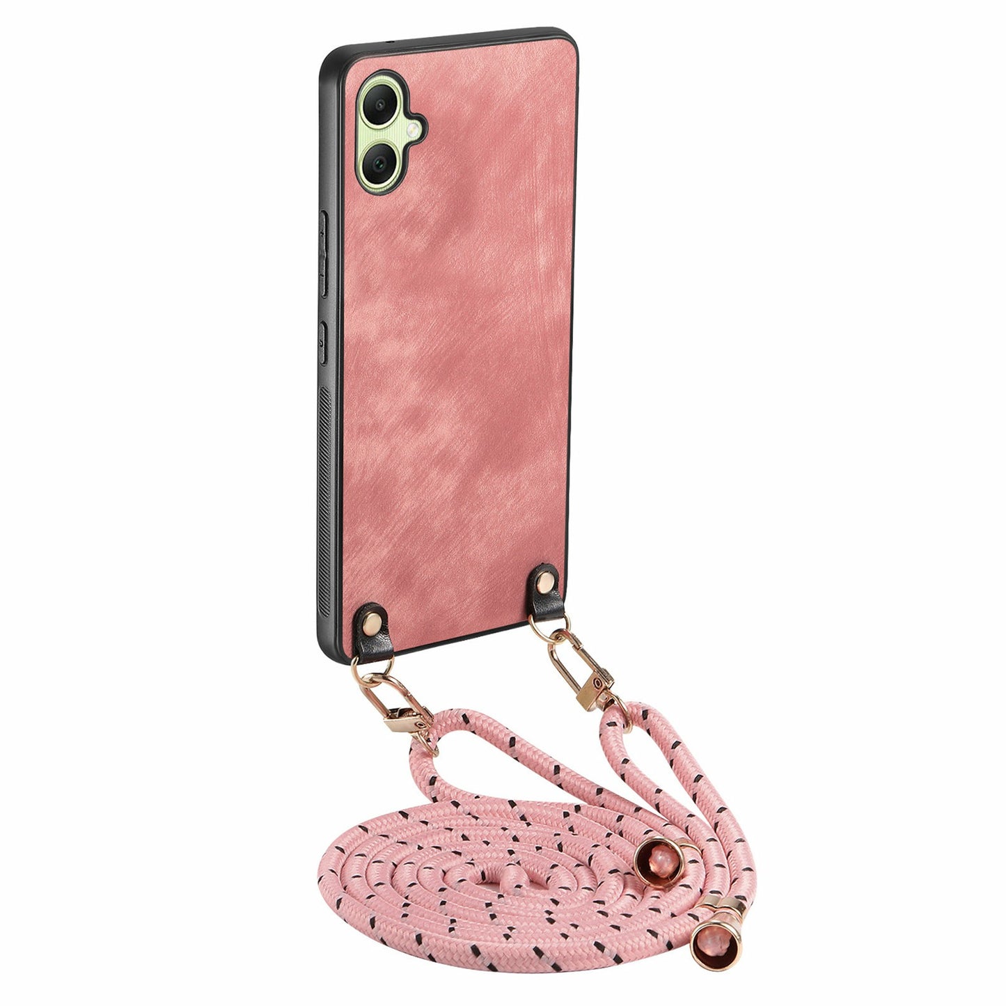 For Samsung Galaxy A06 Case Retro Texture Leather Coated PC+TPU Phone Cover with Hanging Rope - Pink