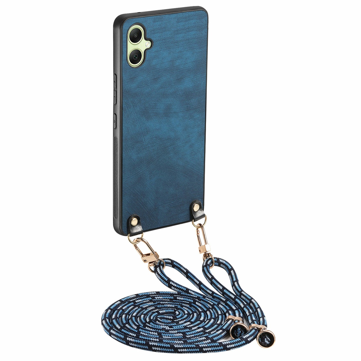 For Samsung Galaxy A06 Case Retro Texture Leather Coated PC+TPU Phone Cover with Hanging Rope - Blue