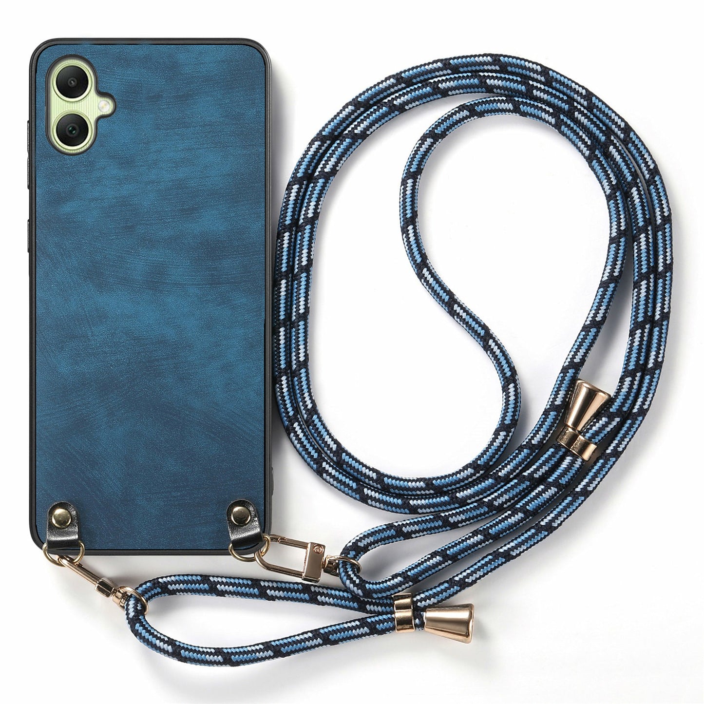 For Samsung Galaxy A06 Case Retro Texture Leather Coated PC+TPU Phone Cover with Hanging Rope - Blue