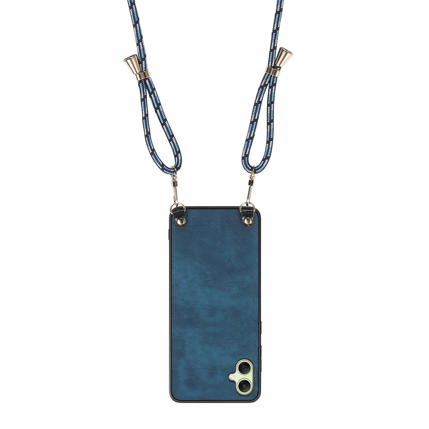 For Samsung Galaxy A06 Case Retro Texture Leather Coated PC+TPU Phone Cover with Hanging Rope - Blue