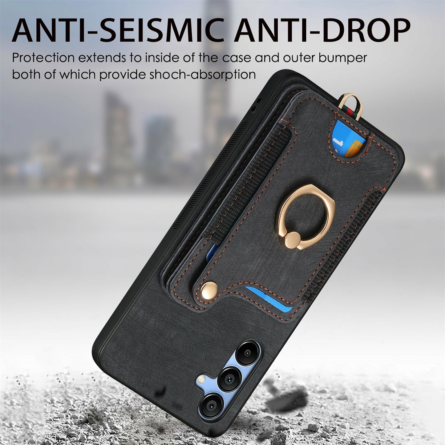 For Samsung Galaxy A16 4G  /  A16 5G Case RFID Blocking Handbag Leather+TPU Phone Cover Card Slots, Ring Holder - Black