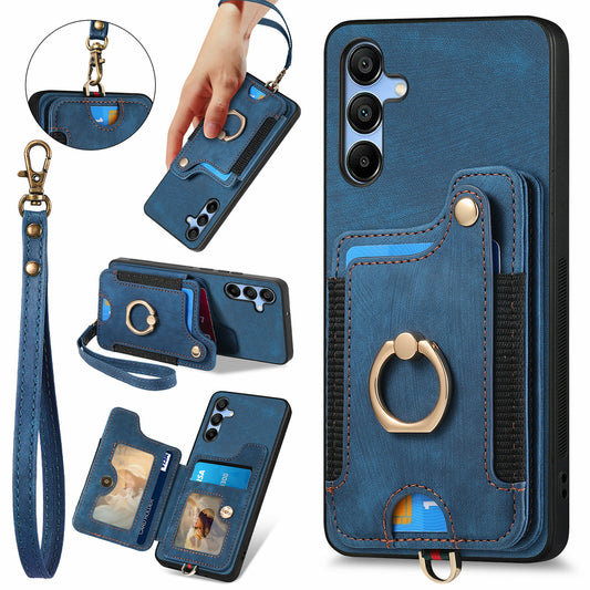 For Samsung Galaxy A16 4G  /  A16 5G Case RFID Blocking Handbag Leather+TPU Phone Cover Card Slots, Ring Holder - Blue