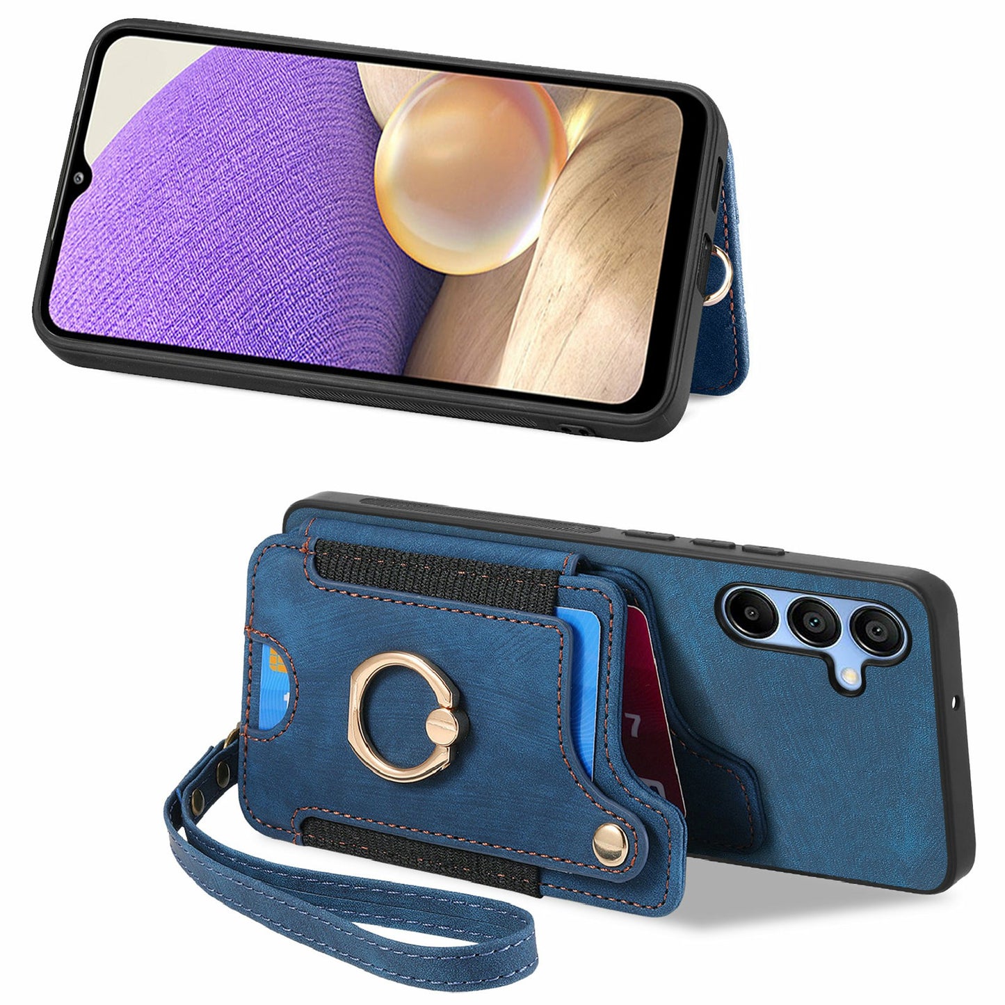 For Samsung Galaxy A16 4G  /  A16 5G Case RFID Blocking Handbag Leather+TPU Phone Cover Card Slots, Ring Holder - Blue