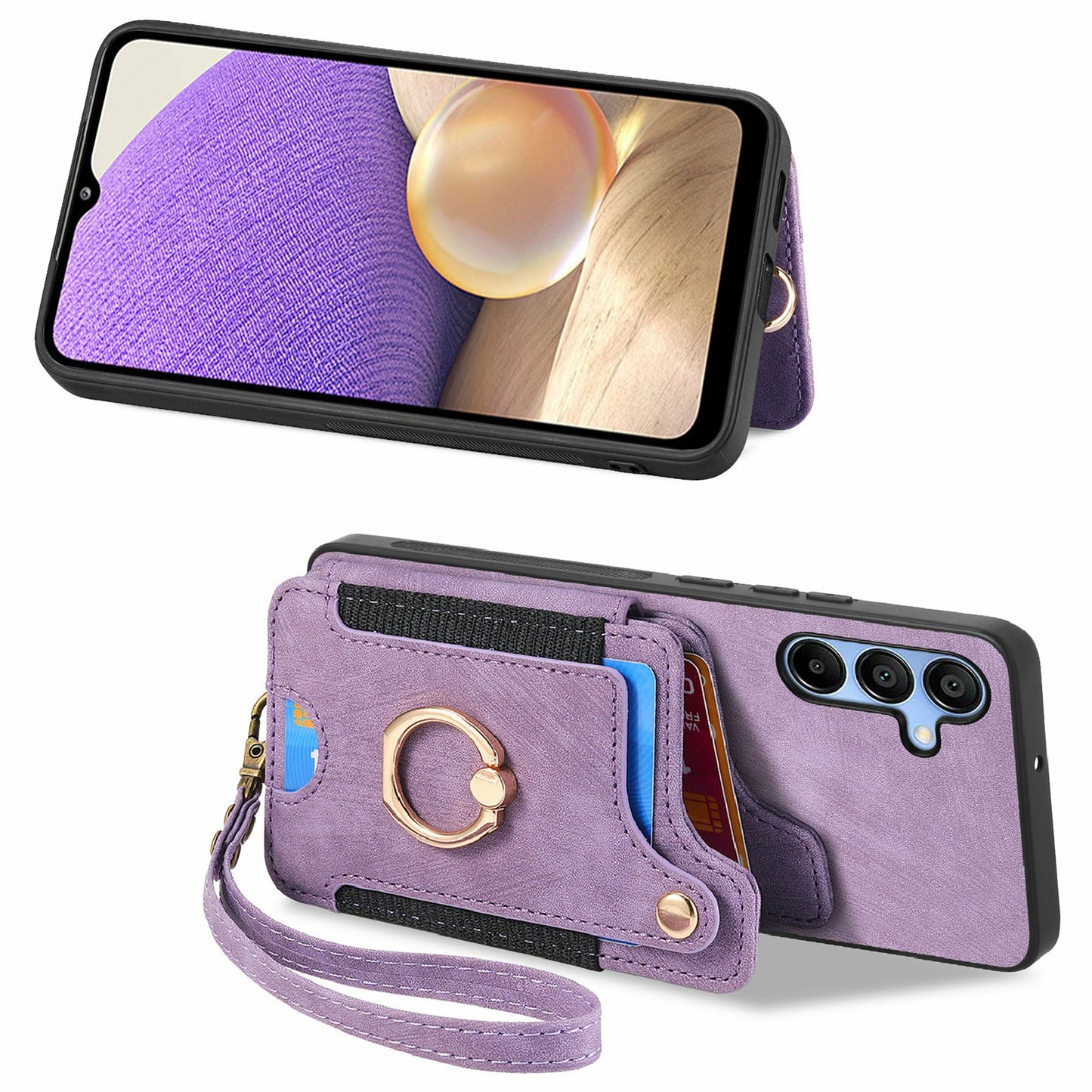 For Samsung Galaxy A16 4G  /  A16 5G Case RFID Blocking Handbag Leather+TPU Phone Cover Card Slots, Ring Holder - Purple