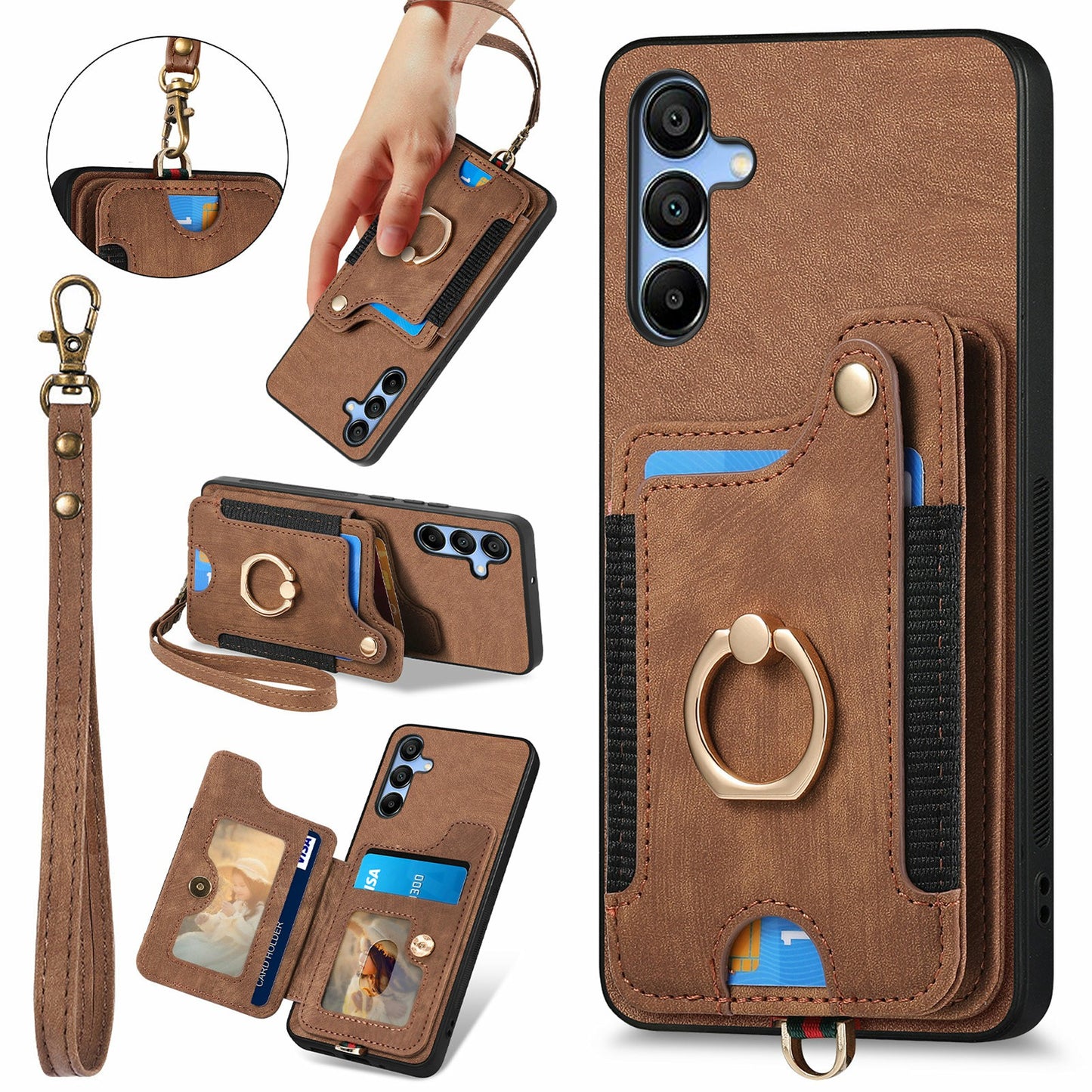For Samsung Galaxy A16 4G  /  A16 5G Case RFID Blocking Handbag Leather+TPU Phone Cover Card Slots, Ring Holder - Brown