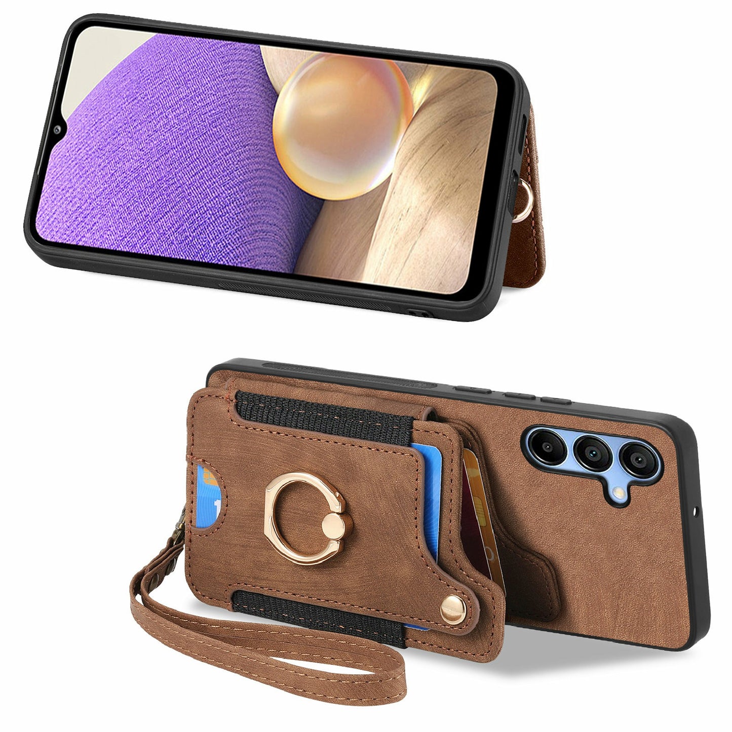 For Samsung Galaxy A16 4G  /  A16 5G Case RFID Blocking Handbag Leather+TPU Phone Cover Card Slots, Ring Holder - Brown