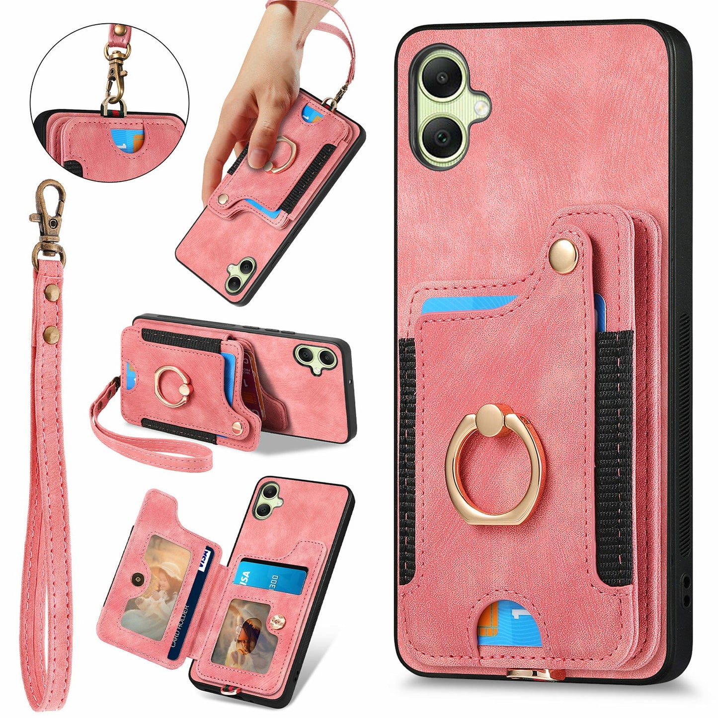 For Samsung Galaxy A06 Case RFID Blocking Handbag Leather+TPU Phone Cover Card Slots, Ring Holder - Pink