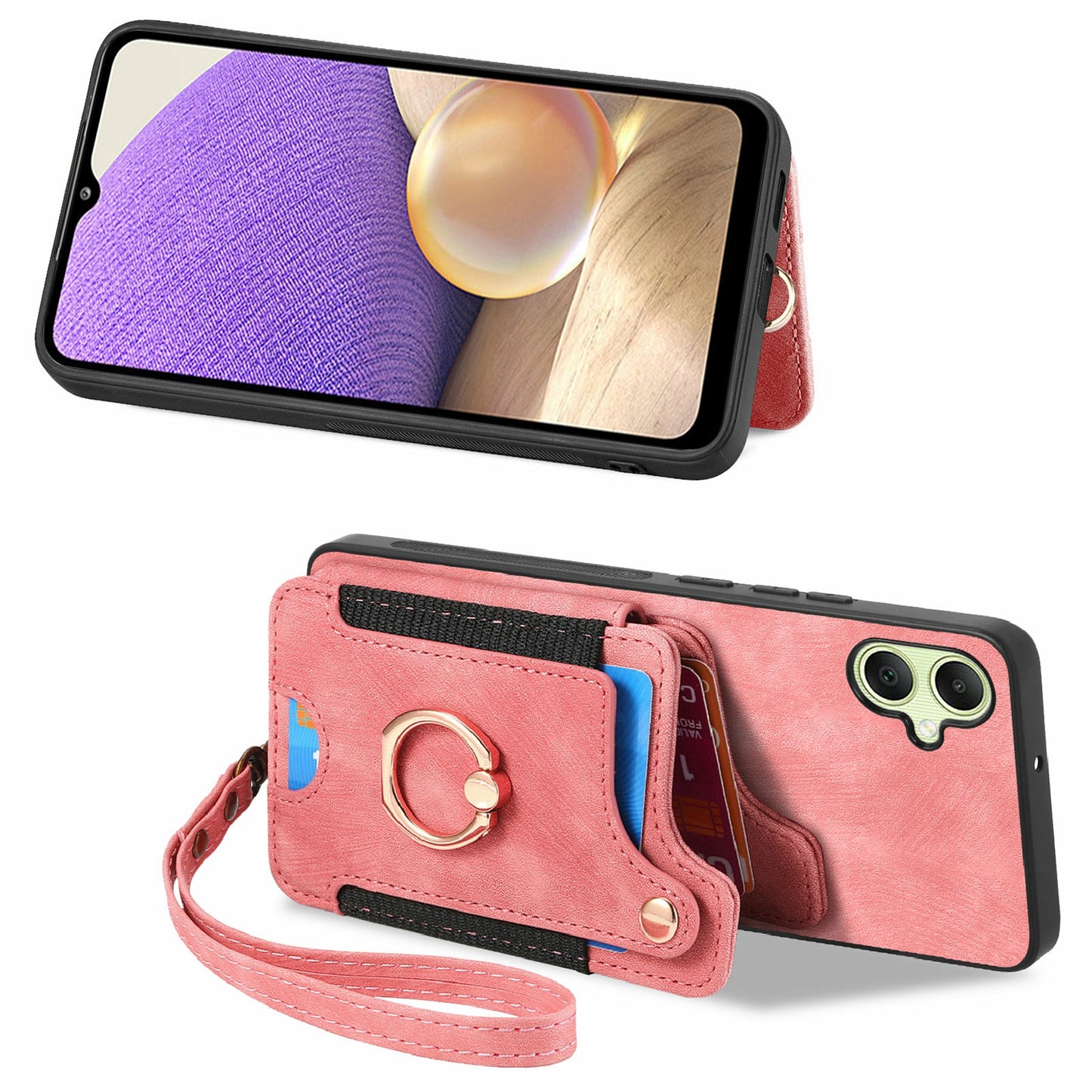 For Samsung Galaxy A06 Case RFID Blocking Handbag Leather+TPU Phone Cover Card Slots, Ring Holder - Pink