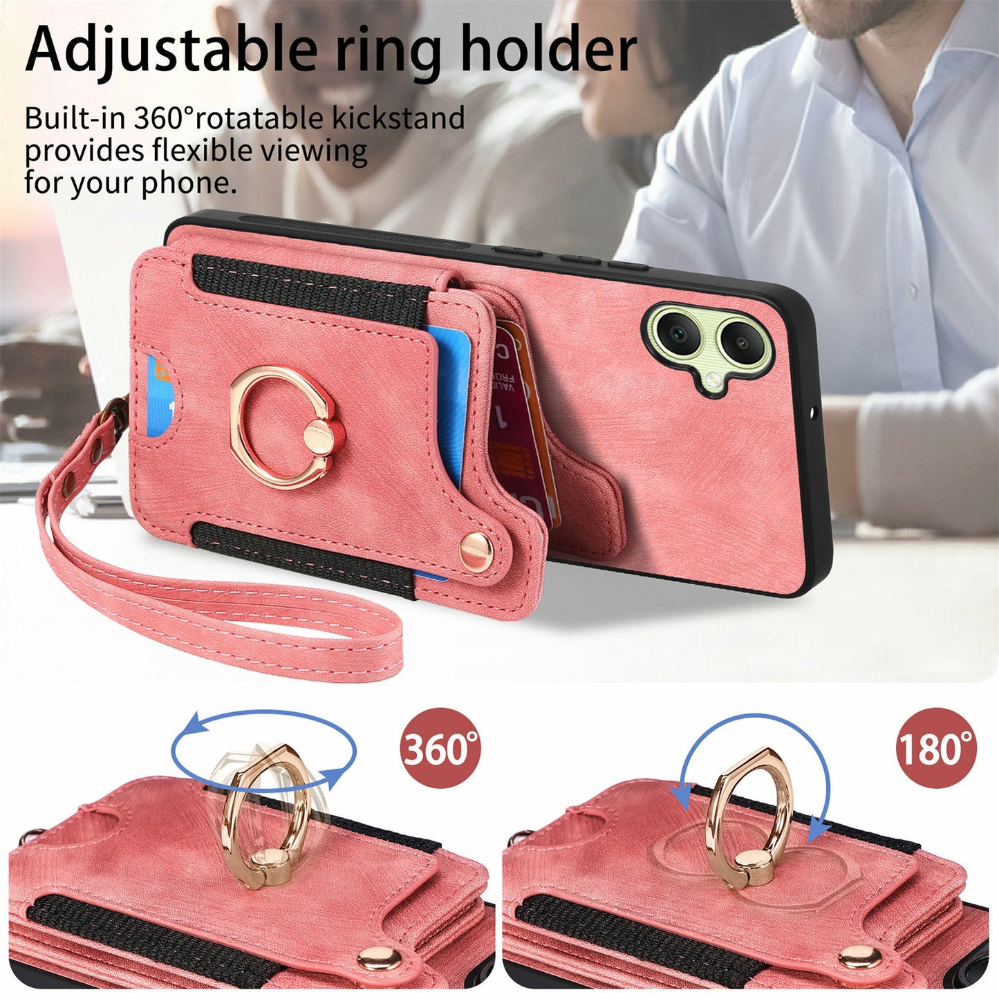 For Samsung Galaxy A06 Case RFID Blocking Handbag Leather+TPU Phone Cover Card Slots, Ring Holder - Black