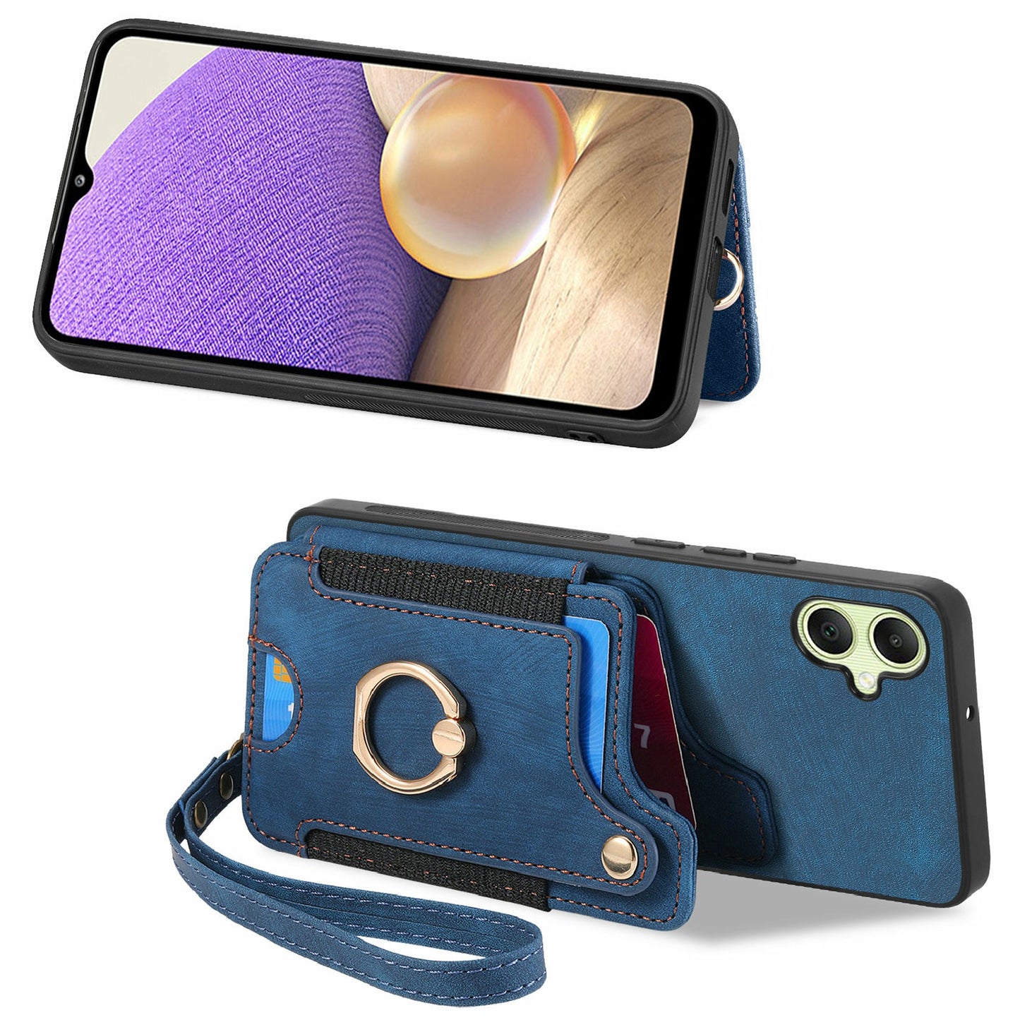 For Samsung Galaxy A06 Case RFID Blocking Handbag Leather+TPU Phone Cover Card Slots, Ring Holder - Blue