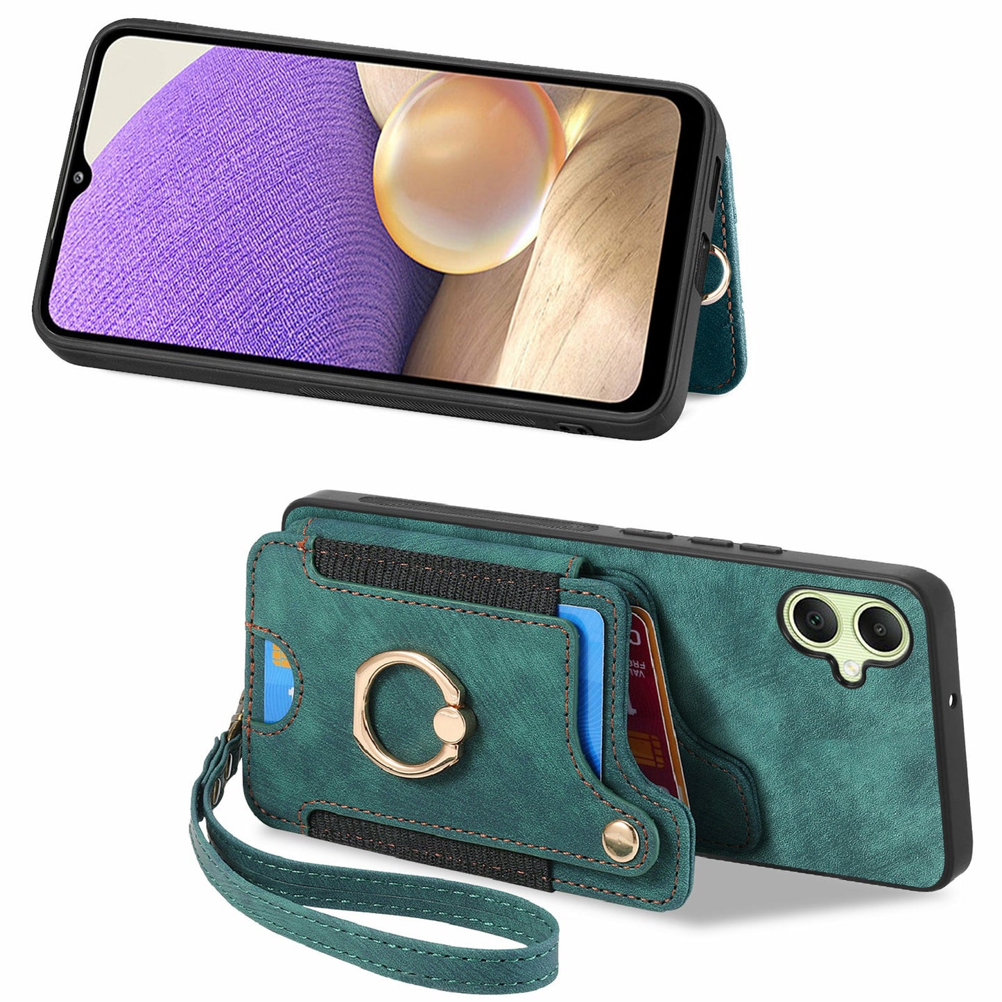 For Samsung Galaxy A06 Case RFID Blocking Handbag Leather+TPU Phone Cover Card Slots, Ring Holder - Green